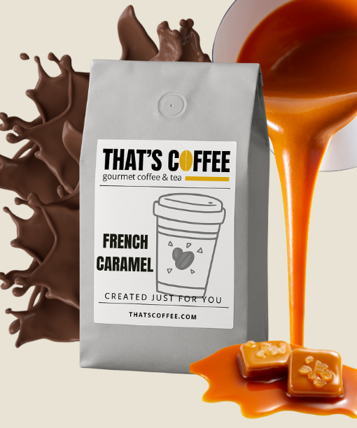A bag of Gourmet French Caramel Coffee Beans is displayed with chocolate splashes, caramel sauce, and caramel pieces in the background.