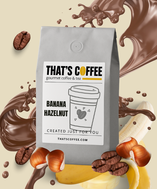 A bag of Flavored Banana Hazelnut Coffee Beans surrounded by coffee beans, chocolate swirls, banana, and hazelnuts.