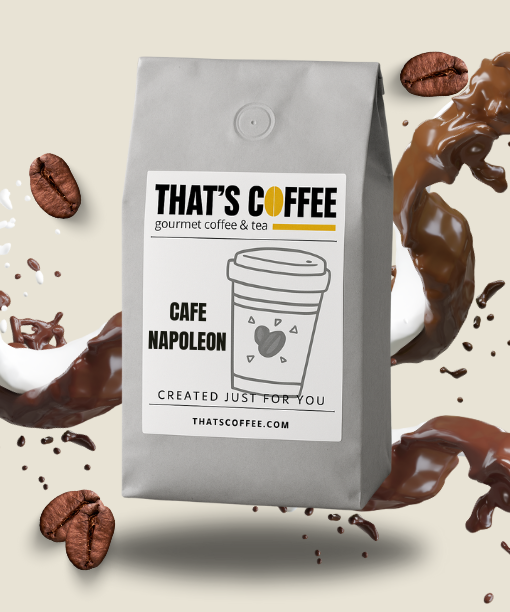 A bag of That’s Coffee Café Napoleon Flavored Gourmet Coffee Beans features a coffee cup illustration on the label, surrounded by coffee beans and lively splashes of coffee and milk.
