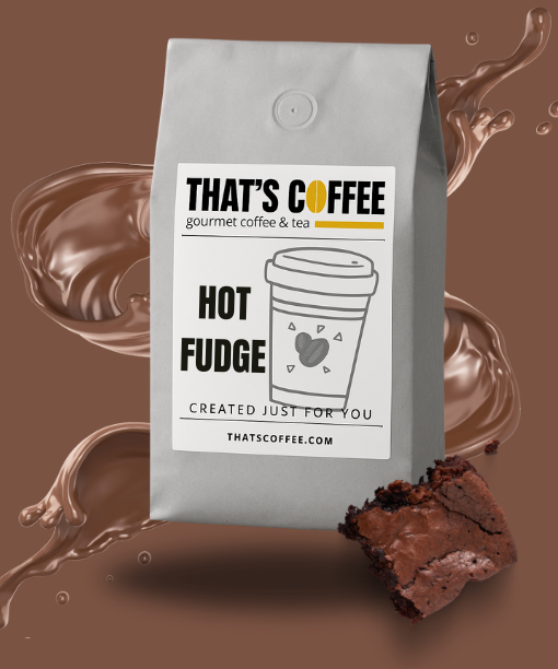 A bag of Hot Fudge Brownie Flavored Coffee stands upright, with a brownie piece and chocolate splashes in the background.