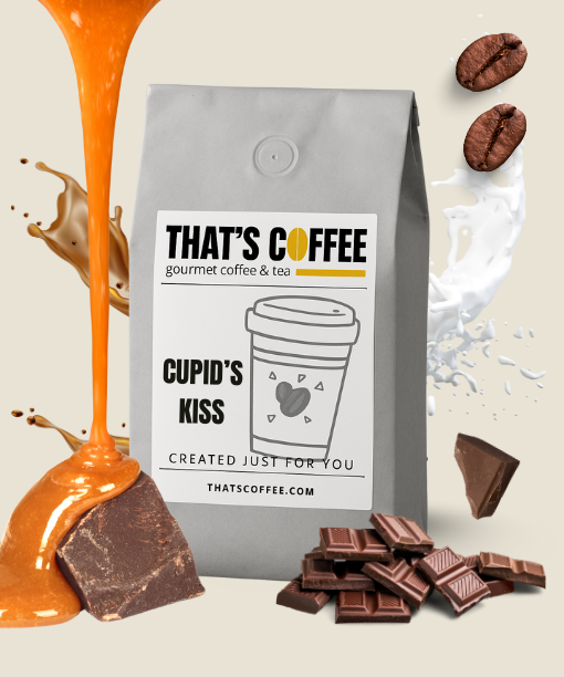 A bag labeled "Cupid’s Kiss Coffee - Gourmet Flavored Coffee Beans" sits among splashes of caramel and milk, coffee beans, and pieces of chocolate.