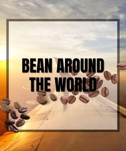 View from an airplane window at sunset with Colombian coffee beans scattered across the image and the text "Bean Around The World" in bold letters.