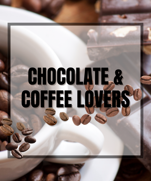 Close-up of coffee beans, a white coffee cup, and pieces of chocolate with the text "Chocolate & Coffee Lovers" in bold black letters—perfect inspiration for unique coffee gift sets.