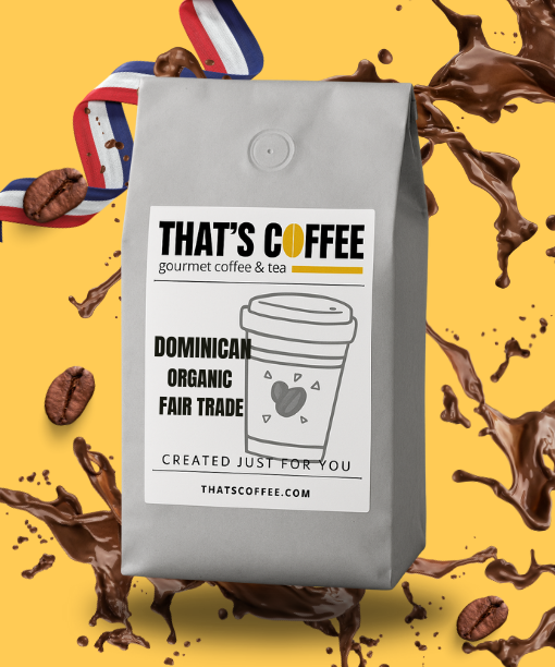 A gray bag of THAT'S COFFEE Dominican organic fair trade coffee is shown against a yellow background with coffee splashes, organic coffee beans, and a medal.