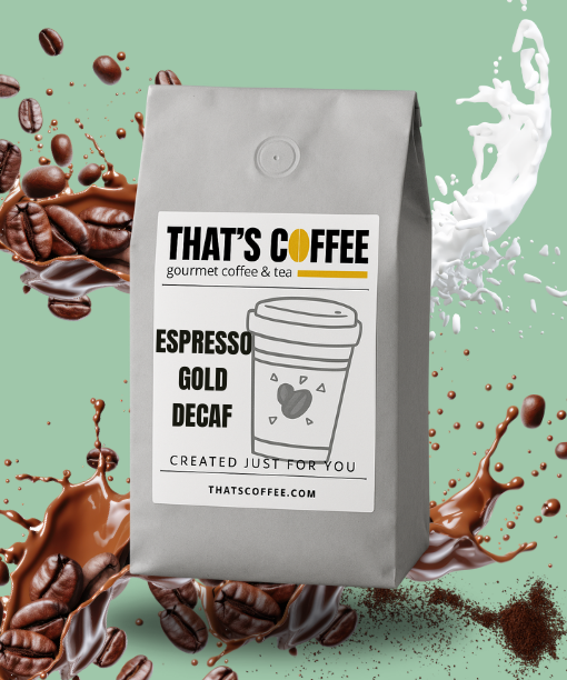 A grey bag of THAT'S COFFEE Espresso Gold Decaf sits against a green background with splashes of coffee, milk, and scattered espresso beans.