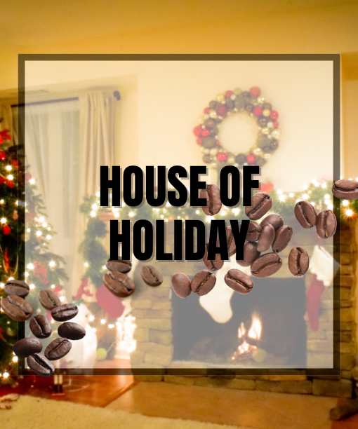 A cozy living room decorated for the holidays with a lit fireplace, wreath, garlands, and the text "House of Holiday" overlaid with coffee beans—perfect inspiration for Holiday Coffee Gift Sets.