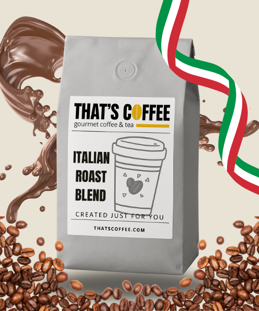 A bag of THAT'S COFFEE Italian Roast Blend, one of our signature coffee blends, is surrounded by coffee beans, a splash of coffee, and an Italian flag ribbon on a light background.