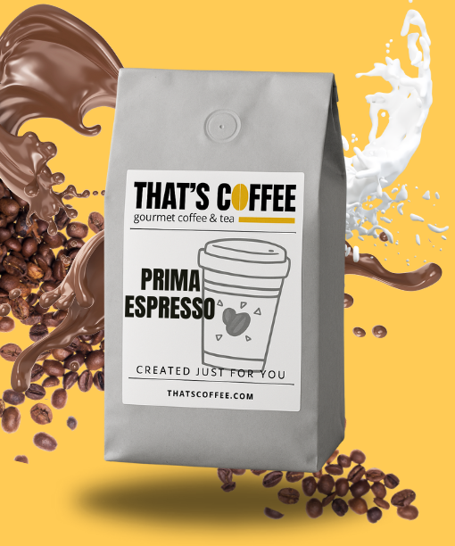 A bag of That's Coffee Prima Espresso sits upright with espresso beans, milk, and chocolate splashes in the background on a yellow backdrop.