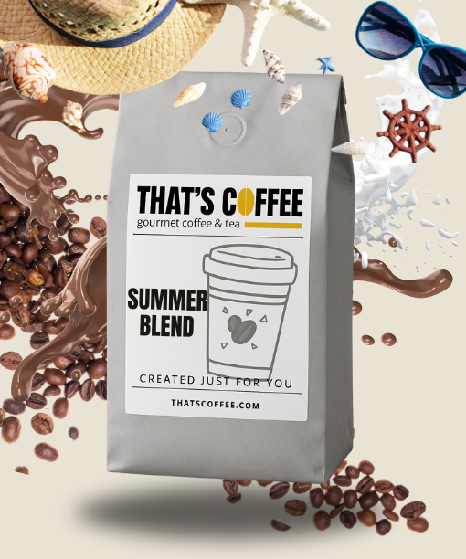 A bag of THAT'S COFFEE Summer Blend, one of our finest coffee blends, is surrounded by coffee beans, splashes of coffee and milk, a straw hat, sunglasses, and seashells.
