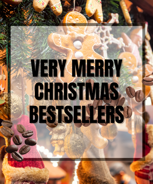 Gingerbread cookies and Christmas ornaments hang on a tree, with the text "VERY MERRY CHRISTMAS BESTSELLERS" overlaid in bold letters—discover festive treats and Holiday Coffee Gift Sets perfect for the season.