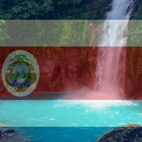 The Costa Rican flag is overlaid on a scenic waterfall and bright blue pool surrounded by lush green vegetation, reminiscent of the landscapes where Costa Rica coffee beans are grown.