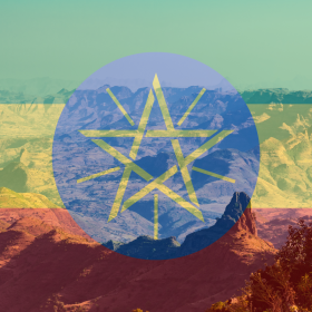 Ethiopian flag with the national emblem overlaid on a scenic mountain landscape, highlighting the homeland of famed Ethiopia Coffee Beans.