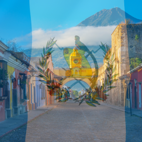 A street in Antigua, Guatemala, with colorful colonial buildings and a view of a volcano, overlaid with the Guatemalan flag—famed for its vibrant culture and renowned Guatemala coffee beans.