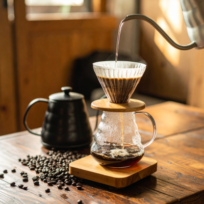 Hot water is being poured from a kettle into a glass pour-over coffee maker on a wooden table, with aromatic Jamaican Coffee Beans scattered nearby.