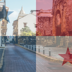 A narrow cobblestone street with colonial buildings, overlaid with the semi-transparent flag of Panama and subtle hints of Panama coffee beans in shopfront displays.