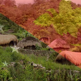 Traditional thatched huts dot a green hillside, with the semi-transparent flag of Papua New Guinea overlaying the scene—a perfect backdrop for exploring the rich heritage behind Papua New Guinea coffee beans.