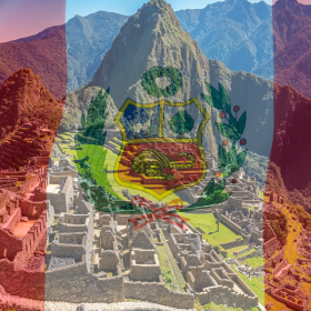 Ruins of Machu Picchu with the flag of Peru superimposed over the image, celebrating the heritage and rich flavors of Peru Coffee Beans.
