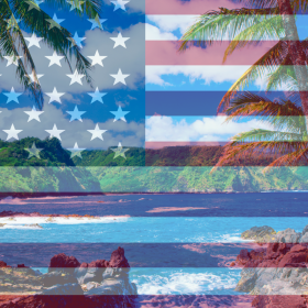 A scenic tropical coastline with palm trees and a rocky shore is overlaid with a semi-transparent American flag, evoking the spirit of the USA and the allure of coffee beans.
